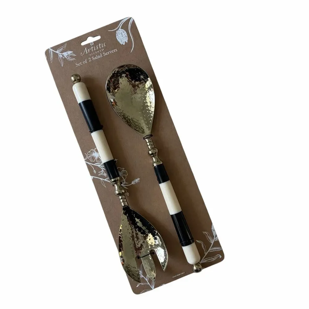 Artistic Accents Set of 2 Salad Servers Black & White Striped Gold Glam New